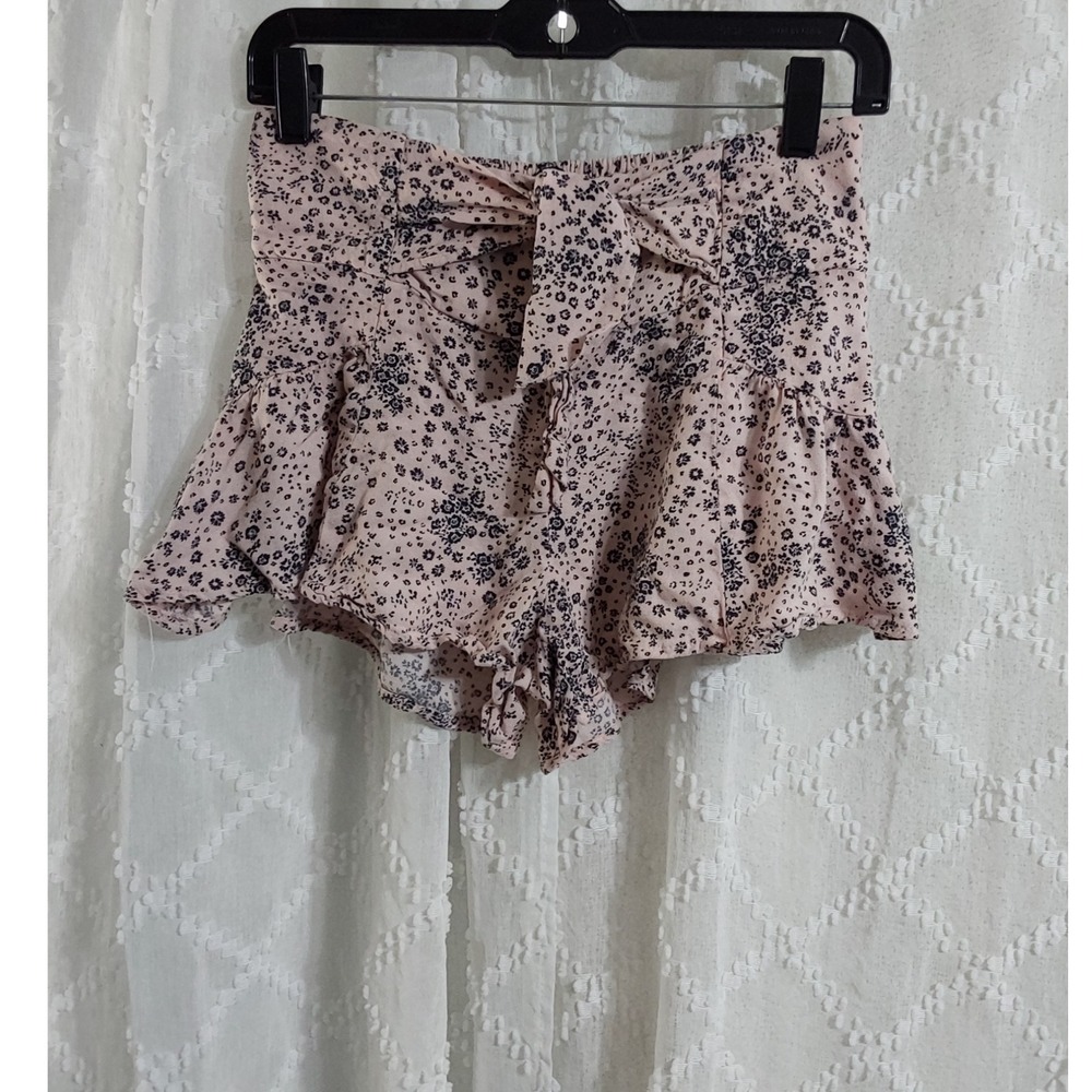 Kirious Womens Pink Floral Ruffle Tie Front High Waisted Shorts Size Small
